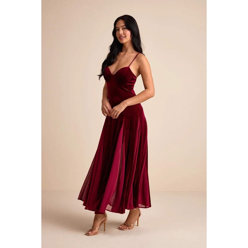 Lulus Burgundy Velvet Maxi Dress Sweetheart Chiffon Godet Inset Evening Gown XL - Picture 15 of 16